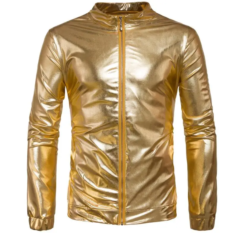 Glossy leather jacket men motorcycle coat slim jackets clothes personalized jaqueta couro stage street fashion gold silver | Мужская