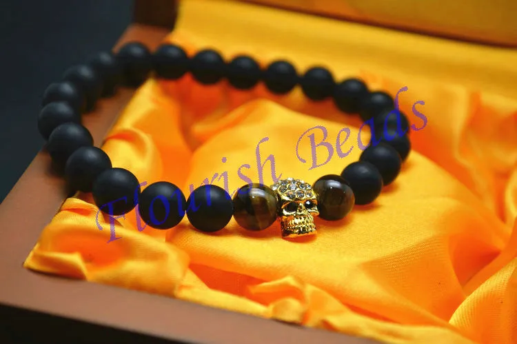 

Popular 8mm Matte Black Onyx Stone Round Beads Metal Skull Head Charms Bracelets Fashion Jewelry