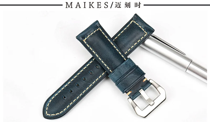 Аксессуары для часов MAIKES, кожаный ремешок для часов 20 мм, 22 мм, 24 мм, 26 мм, винтажный синий ремешок для часов, браслет для Panerai