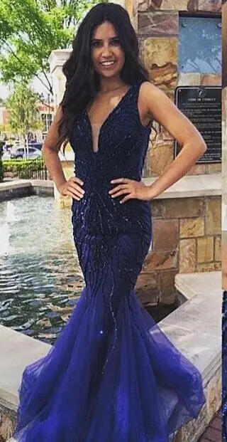 2017 Глубокий V Шеи Королевский Синий Бисером Вечерние Платья Тюль Новый