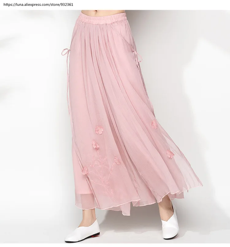 Vintage Floral Embroidery Multi-layer Wide Leg Pants Women Loose Chiffon Skirt Trousers 4 Color plus size Slacks pantalones