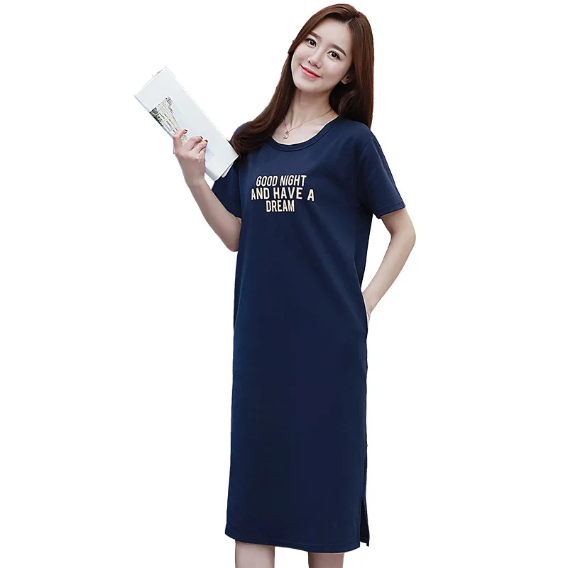 Cotton хлопковое Ночное платье для женщин с круглым вырезом и буквенным принтом Ночная сорочка с коротким рукавом мягкая свободная Пижама Летнее Длинное платье темно-синего цвета