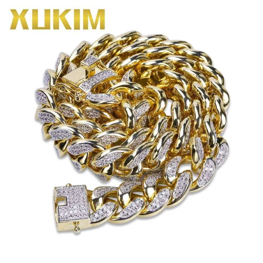 Xukim ювелирные изделия панк 13 мм AAA CZ Iced Out золотого цвета миаин Снаряженная кубинское ожерелье цепь хип хоп ювелирные изделия мужские ожерелья