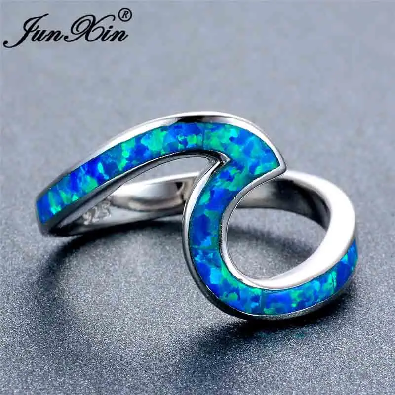 Silver Blue Opal JUNXIN Женский Мужской волна кольца для мужчин и женщин 925 серебряный черный однотонный цвет розовое золото Синий Розовый Фиолетовый Белый огненный опал кольцо свадебный подарок - Цвет основного камня: Silver Blue Opal