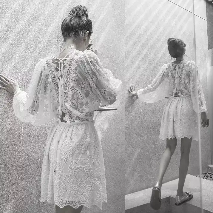 Белое кружевное платье 2018 женское винтажное платье-туника с длинным рукавом и