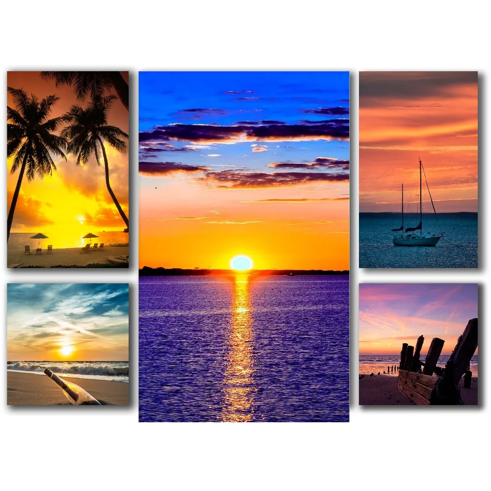 Фото 5 шт. в 1 современный sunset beach тропический лодка морской стены картину Холст 5 шт. в 1 современный sunset beach тропический лодка морской стены картину Холст