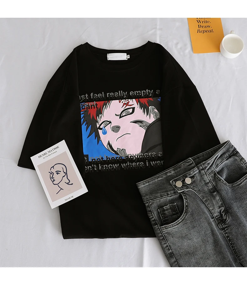 Одежда для пар, свободные футболки для женщин, Harajuku, японский мультяшный аниме, простая универсальная уличная футболка унисекс, летняя футболка, топ