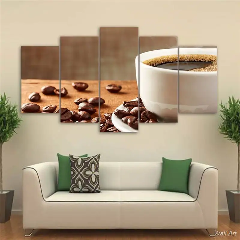 Hd с 5 шт. холсте напиток картина Кофейные зерна в рамке настенные картины для