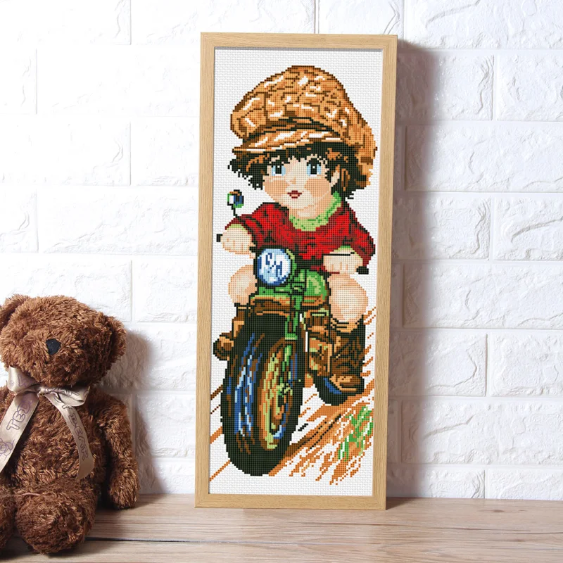 

A bike riding child cross stitch kit DMC brand thread animal dog count canvas fabric embroidery handmade needlework