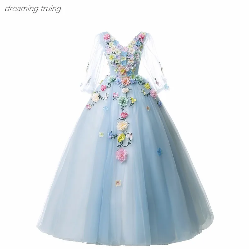 Платья синего цвета с длинным рукавом и цветным объемным цветком Vestidos De 15 бальное