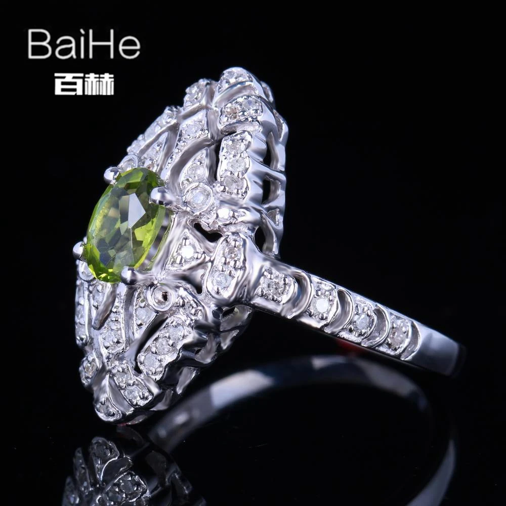 BAIHE стерлингового серебра 925 0.8ct сертифицированных безупречный овальный cut Подлинная Перидот Свадебные Для женщин офисные/Карьера Fine Jewelry уникальные кольца