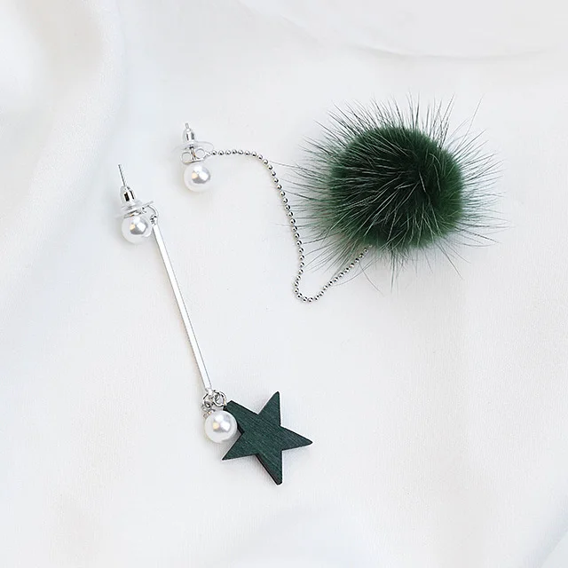 Корейский мода 2019 г. Асимметричная помпоном Мех животных мяч звездопад серьги