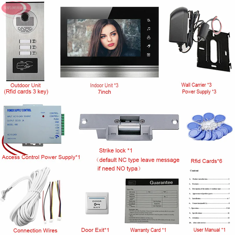 7 ''внутренняя Проводная связь для личного дома видеодомофон 3 MonitorsTouch Кнопка RFID Доступа наружная камера+ Электрический ударный замок комплект