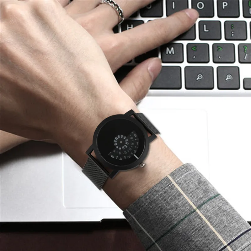 

Turntable Semicircle Face Quartz Wristwatches Men Women Mesh Metal Steel Band Casual Sports Black Watch for Couple Analog Clock