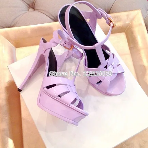 purple 14cm heel ALMUDENA Босоножки на платформе из лакированной кожи ярких цветов; босоножки на тонком высоком каблуке с ремешком и пряжкой; выразительная элегантная обувь для вечеринок; Прямая поставка - Цвет: purple 14cm heel