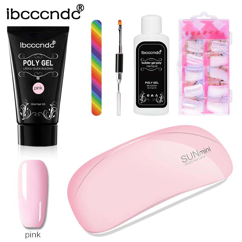 Set C Pink Polygel 6 Вт Sunmini УФ светодиодный маникюрный набор лампа полигель для удлинения лака для лечения УФ гель-лака раствор для выскальзывания поли гель набор Сушилка для ногтей - Цвет: Set C Pink Polygel