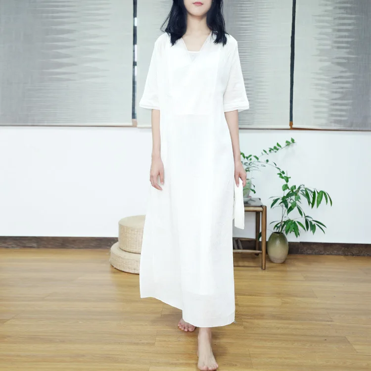 Женское длинное платье из хлопка и льна с диагональным кружевом весна лето