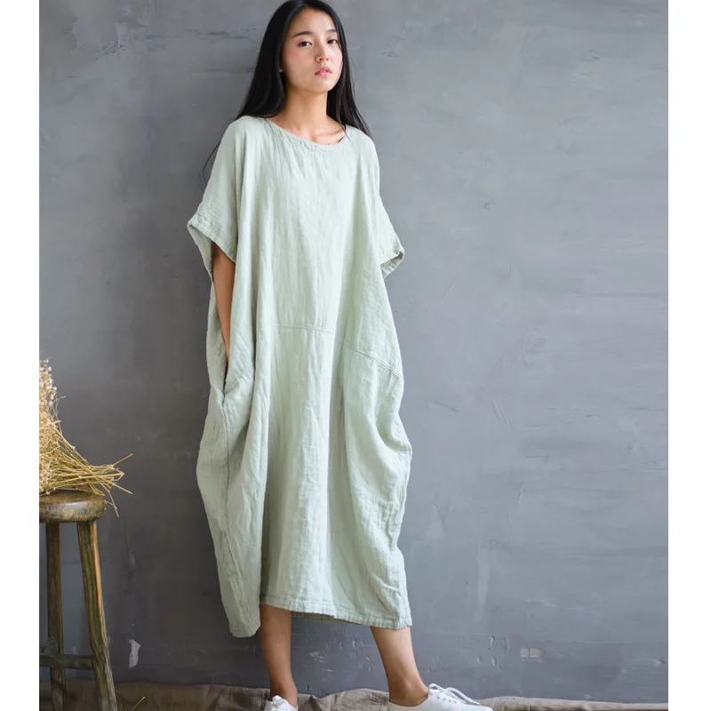 SCUWLINEN 2020 Spring Summer Dress Vintage Long Plus Size Batwing Sleeve Cotton Female Solid Casual Loose Robe W07 | Женская одежда