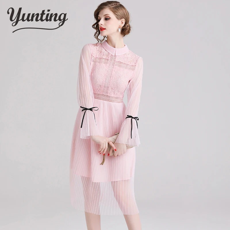 

Summer Mesh Patchwork Lace Dress Women Work Casual Party Slim Sexy Pink Long Dresses Vintage Vestidos