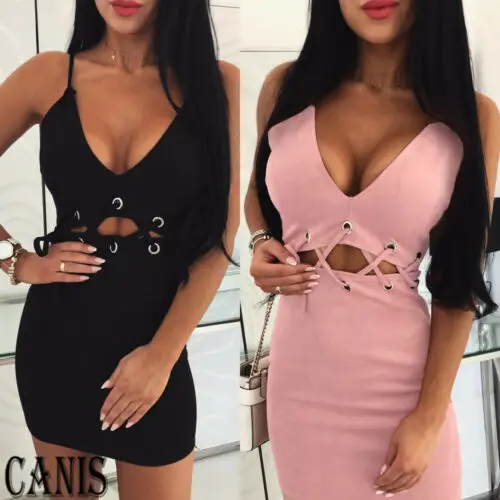 Летнее женское сексуальное повседневное мини платье на бретельках с V образным