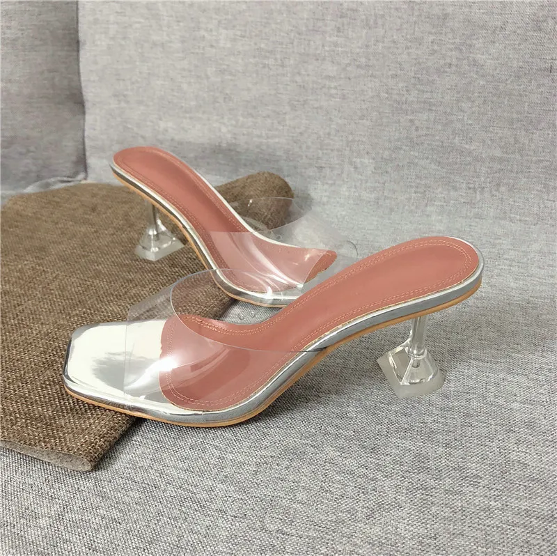 Прозрачные Шлепанцы из ПВХ пикантные женские туфли на высоком каблуке со стразами и открытым носком Прозрачные шлепанцы на высоком каблуке 7 см/9 см