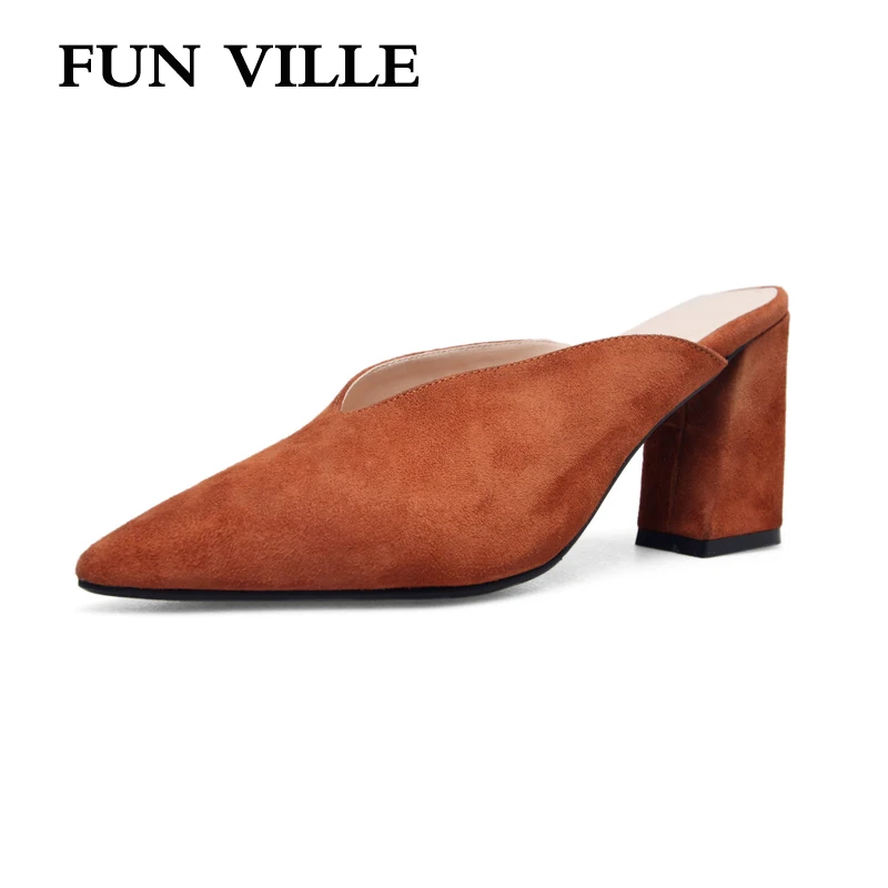 

FUN VILLE 2018 Summer New Fashion Women Slippers British Style sheep suede high heel pointed toe sexy ladies shoes size 34-43