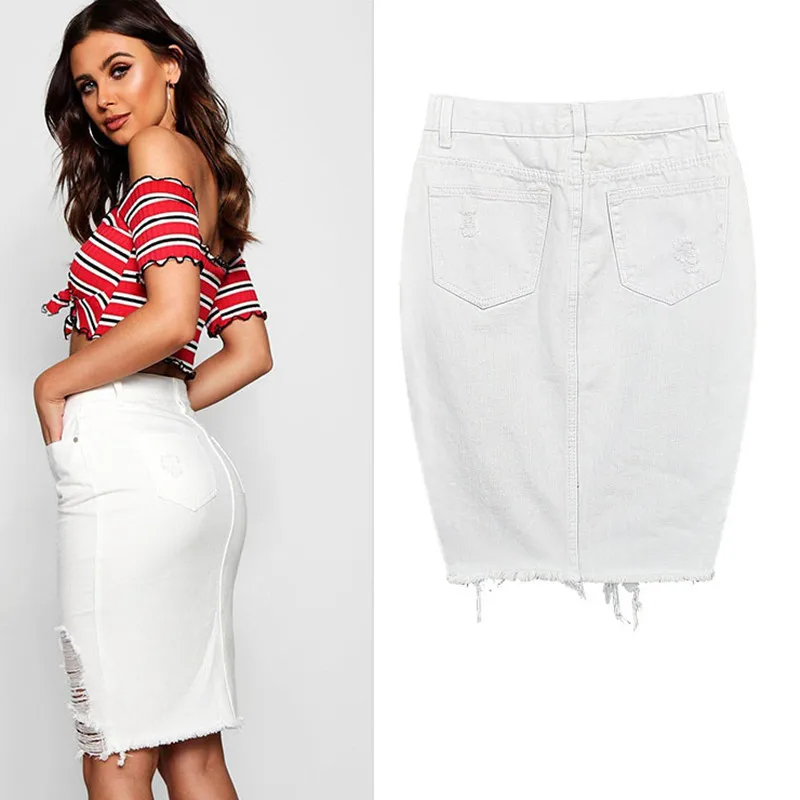 2018 women clothing high waist hole split solid washed denim pencil skirt Female street fashion slim jean skirts TOP321# | Женская