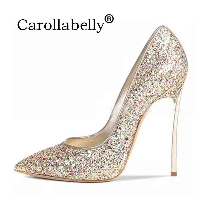 Сексуальные блестящие женские туфли лодочки на металлическом каблуке с