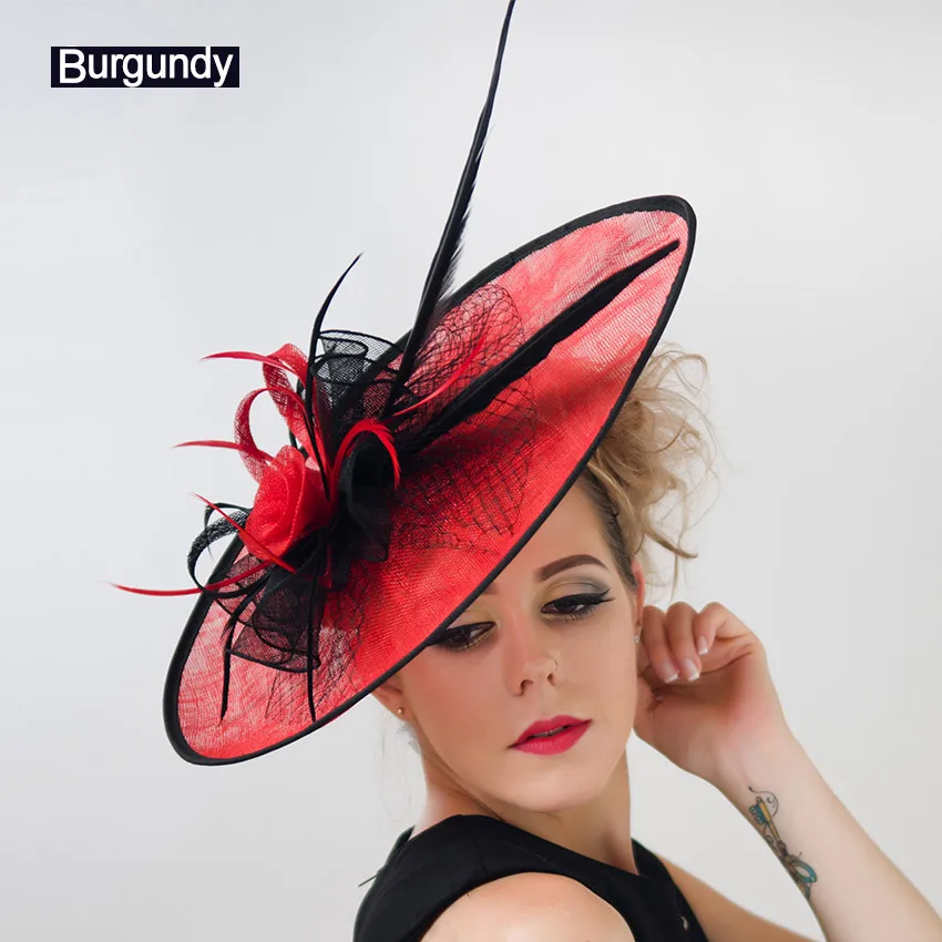 RedBlack Супер Большое винтажное украшение с перьями Sinamay Hat Hairband Мода для женщин Sinamay повязки на голову чайные вечерние свадебные головные уборы - Цвет: RedBlack