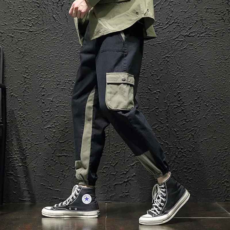 

outdoor2019 spring autumn patchwork overalls cargo elastic waist teenagers track loose cotton pants men trekking hiking trousers