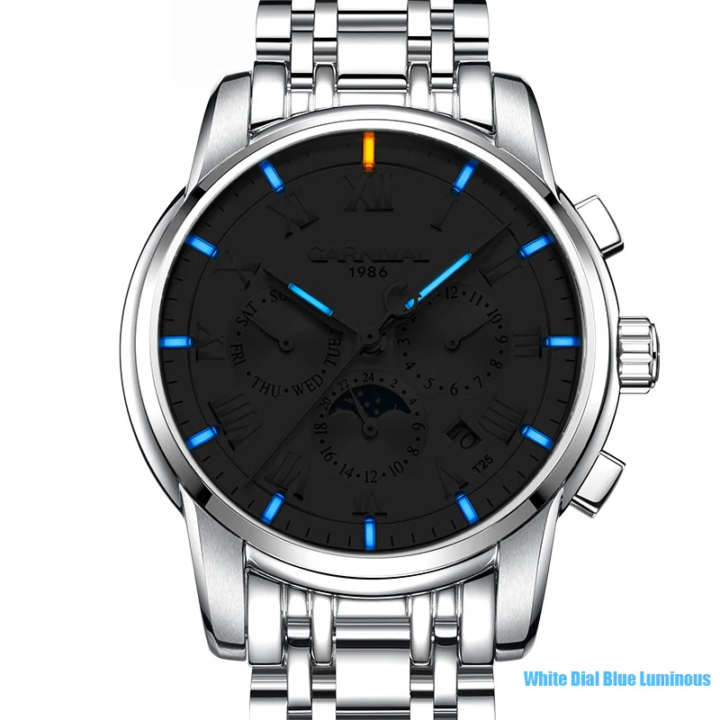 Silver White Blue Карнавальные перманентные светящиеся механические мужские часы TopBrand роскошные классические водонепроницаемые светящиеся часы из нержавеющей стали relogio - Цвет: Silver White Blue