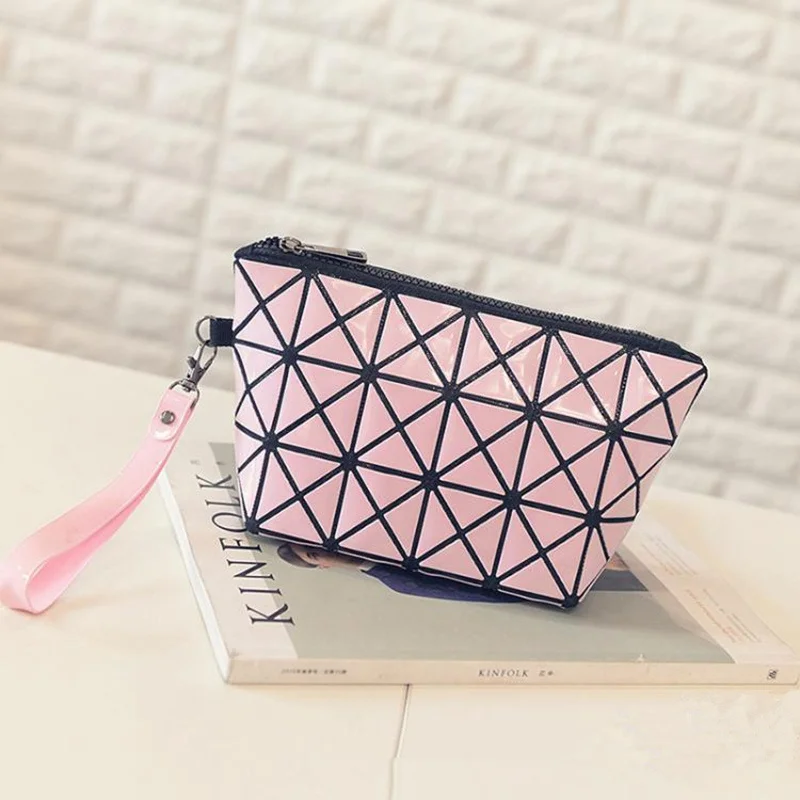 Pink RUPUTIN для женщин PU ромбовидная решетка косметичка Путешествия Макияж сумки для девочек портативный мыть мешок Геометрия Лазерная складн - Цвет: Pink