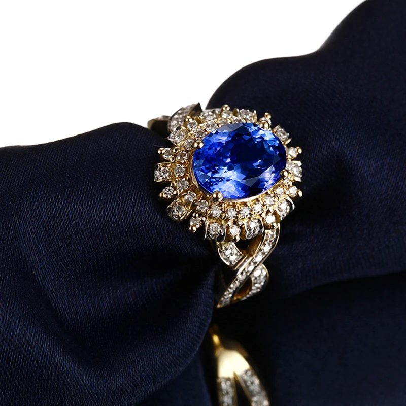 1.98ct 7x9 мм Синий танзанит 0.59ct H SI бриллиантовое обручальное кольцо 14k желтое золото