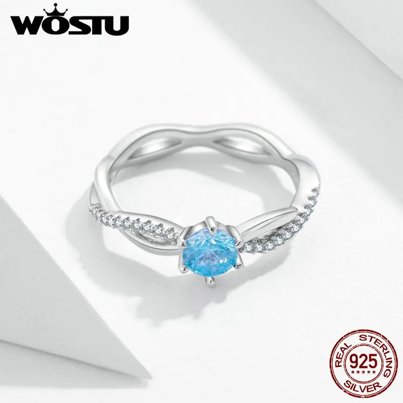 WOSTU, 925 пробы, Серебряное переплетенное обручальное кольцо, Кристалл Голубой циркон, Штабелируемый палец для женщин, хорошее ювелирное изделие FIR547