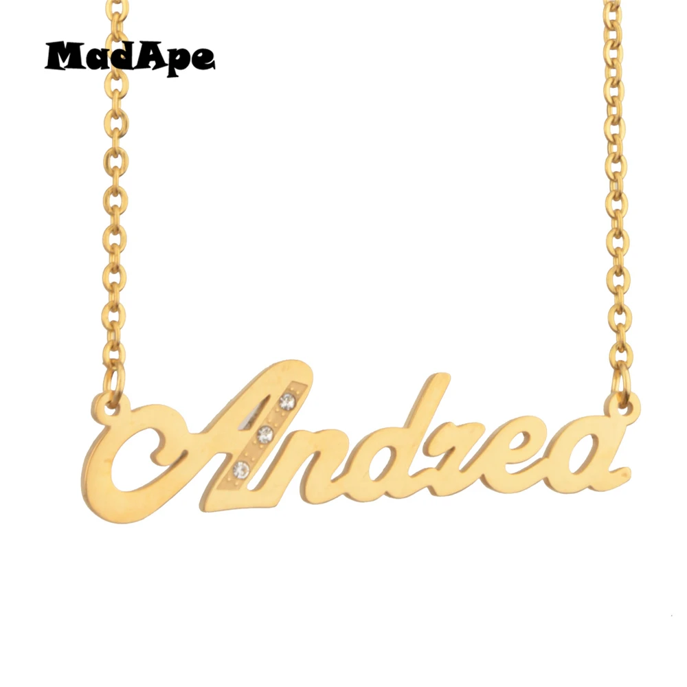 MadApe индивидуальные модные нержавеющая сталь "Андреа" имя цепочки и ожерелья именной, буква Золотое колье кулон табличка подарок