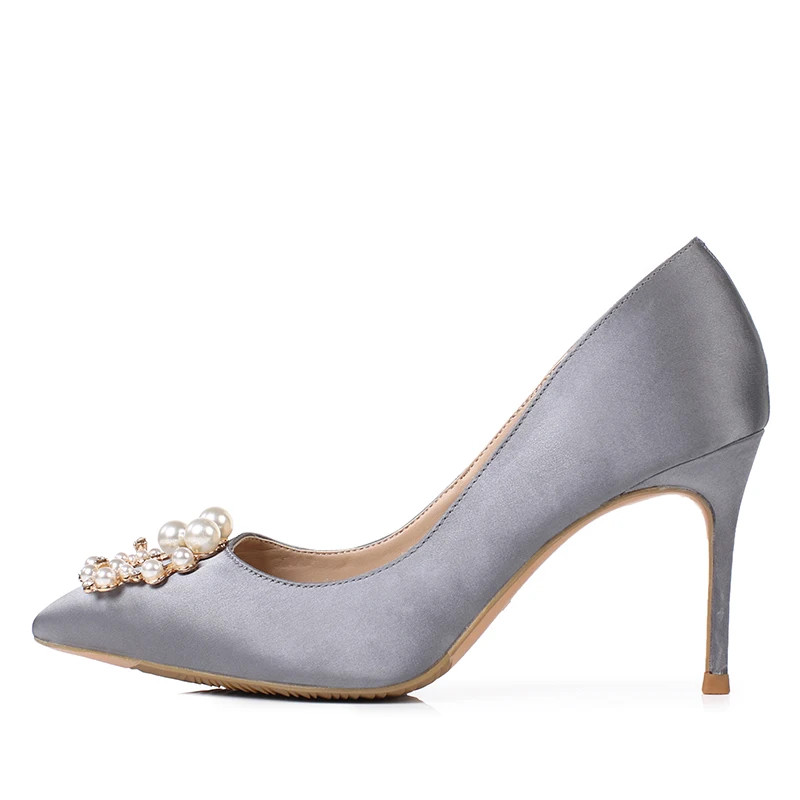 gray 8cm Carollabelly/шелковые женские туфли-лодочки; женские туфли на высоком каблуке с жемчугом и стразами; свадебные туфли; свадебные модельные туфли; цвет красный, белый; 8 см, 10 см - Цвет: gray 8cm