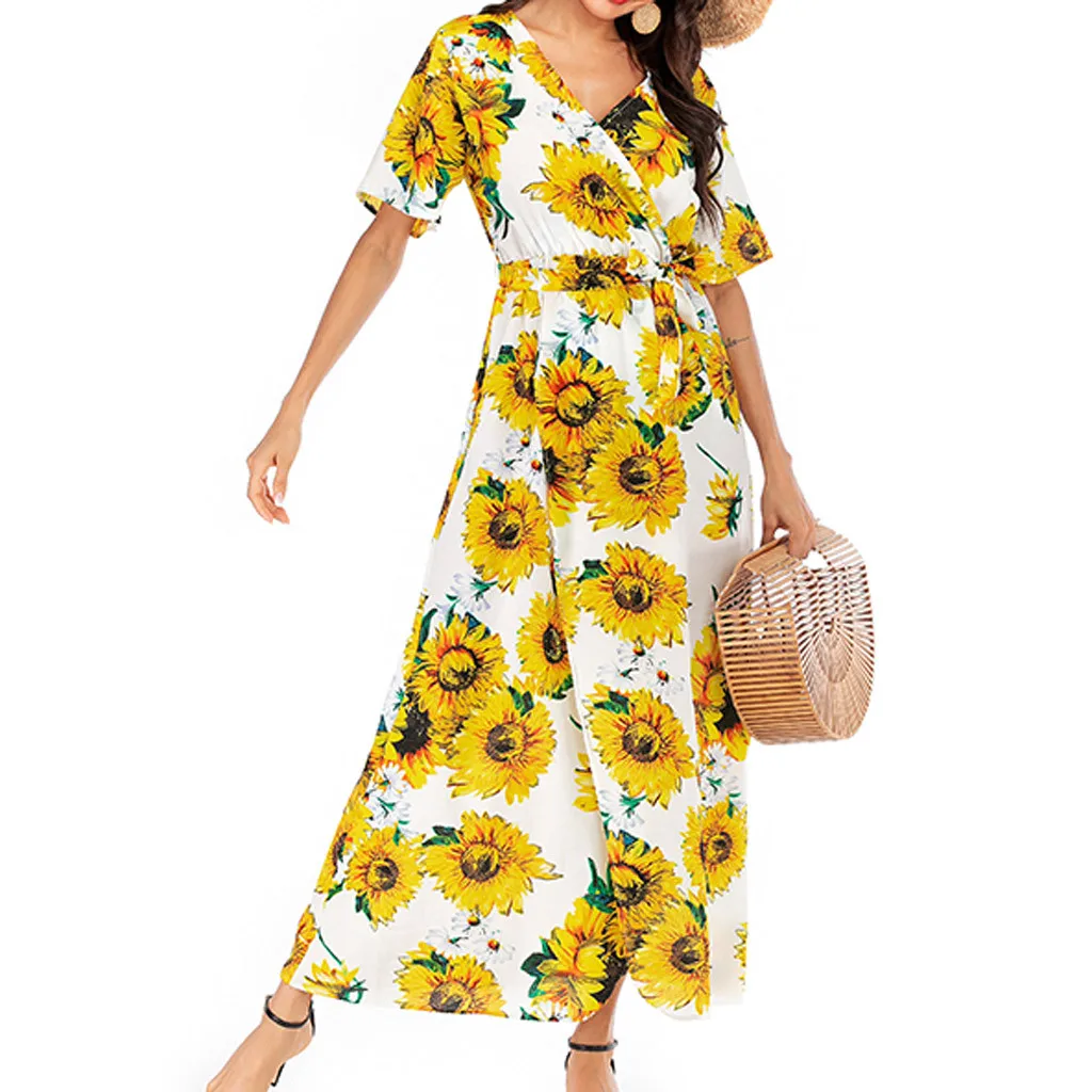 Летнее платье элегантное модное женское с принтом подсолнуха Бандажное коротким