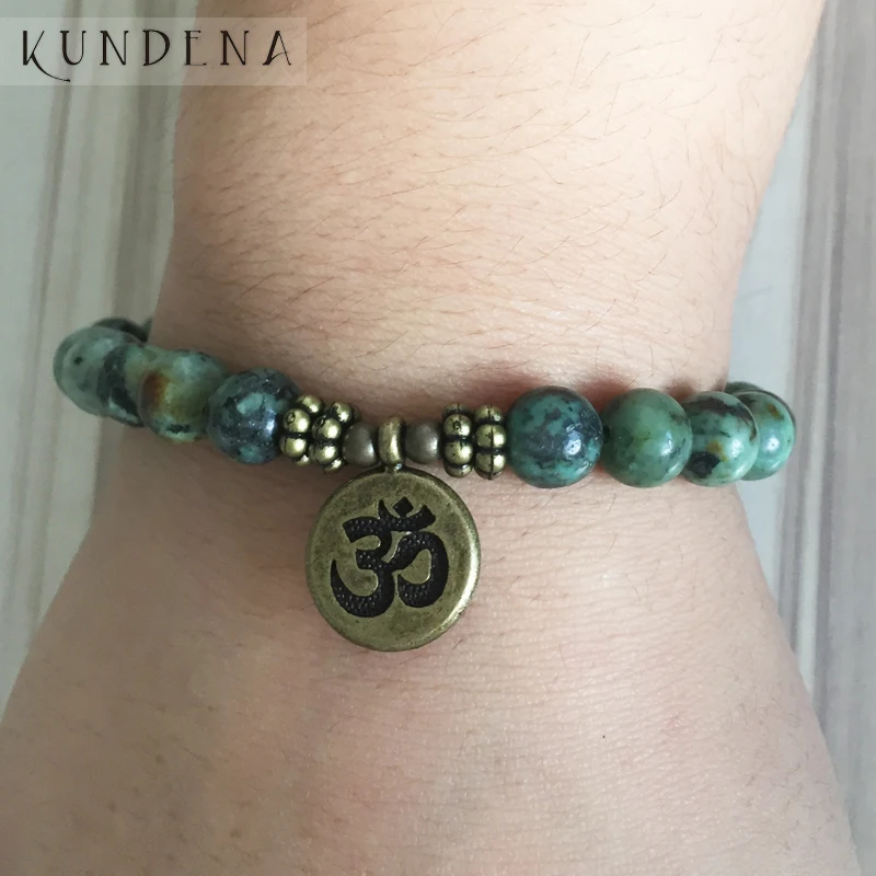 

Men Mala Healing Beads bracelet Yoga Buddha Om Charm wrists Lotus Charm Bracelets African T-urquoise Stone Bracelet