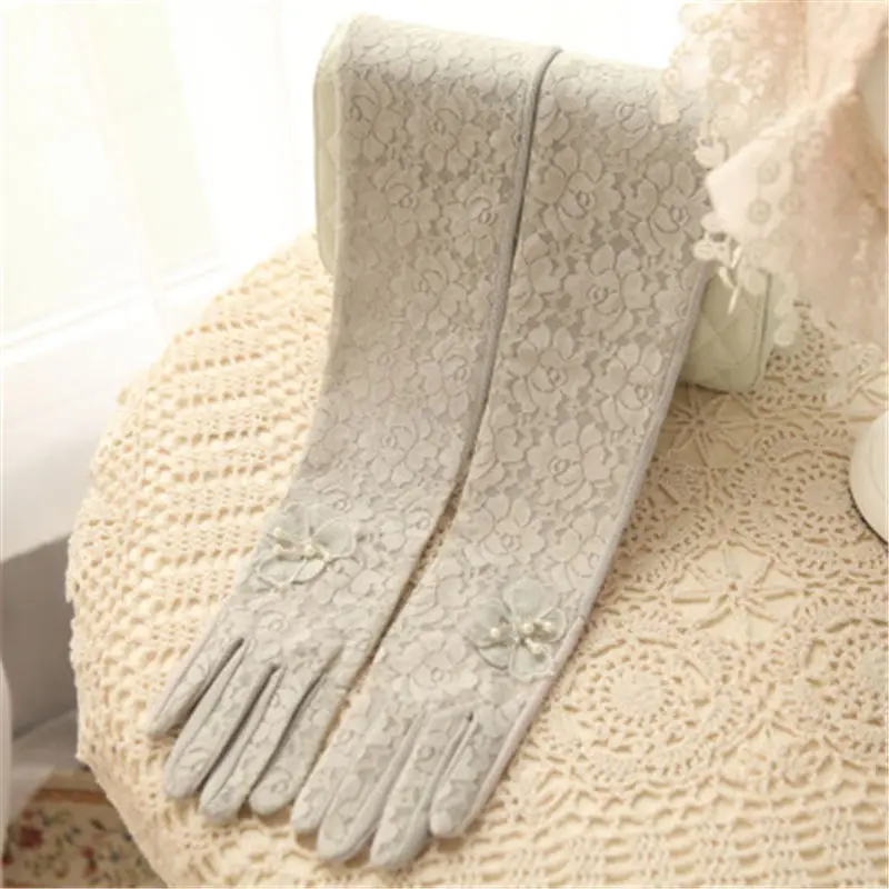 light grey Новые женские солнцезащитные перчатки милые кружевные летние перчатки элегантные женские анти-УФ дышащие модные водительские перчатки с пятью пальцами T236 - Цвет: light grey