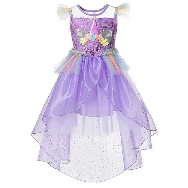 Unicorn Purple Dress Платье для девочек с единорогом; Детский костюм для дня рождения; Радужная тема принцесс; нарядное платье; Милые Свадебные Платья с цветочным узором для девочек - Цвет: Unicorn Purple Dress