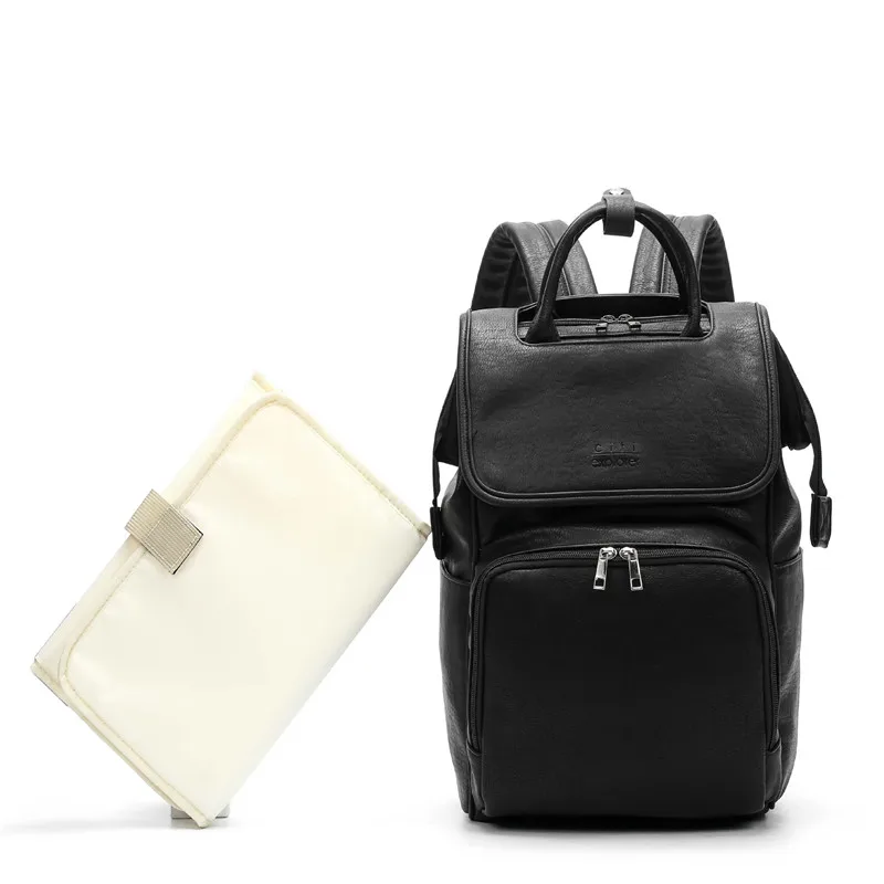 Black Diaper Bags Сумка для детских подгузников из искусственной кожи, рюкзак для мам, Большая вместительная сумка для подгузников с пеленальной подкладкой+ ремни для коляски, коричневый и черный цвета - Цвет: Black Diaper Bags