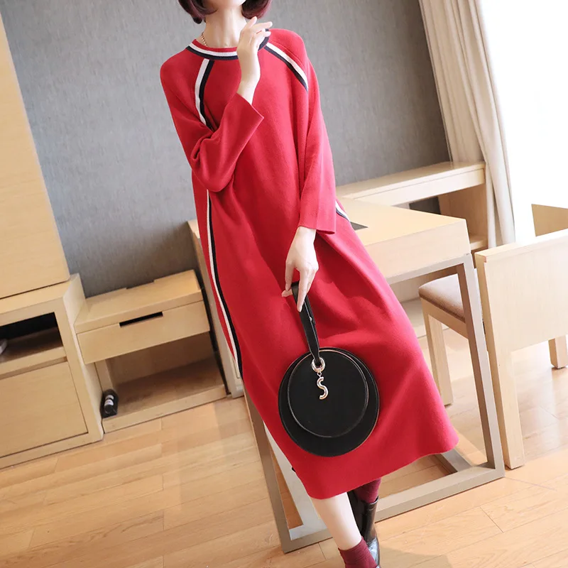 

Long-sleeved knit dress female 2018 autumn new women's long section loose large size autumn and winter bottoming dress