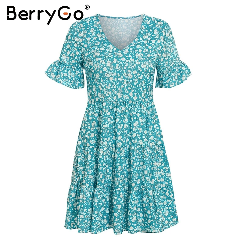 BerryGo Boho Летнее платье с цветочным принтом для женщин v-образным вырезом голубое