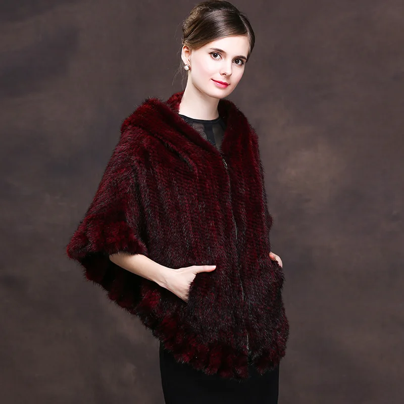 

Hooded natural knit mink fur coats outerwear women real fur cloaks 2019 new style fashion zipper real mink fur jackets