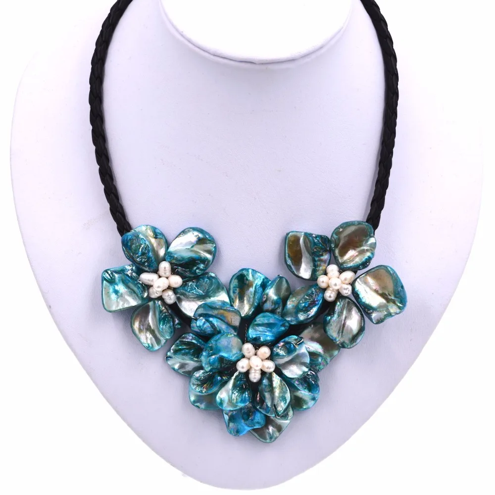 2018 Горячая продажа белый пресноводный жемчуг бирюзовый синий 3 цветок ожерелье |