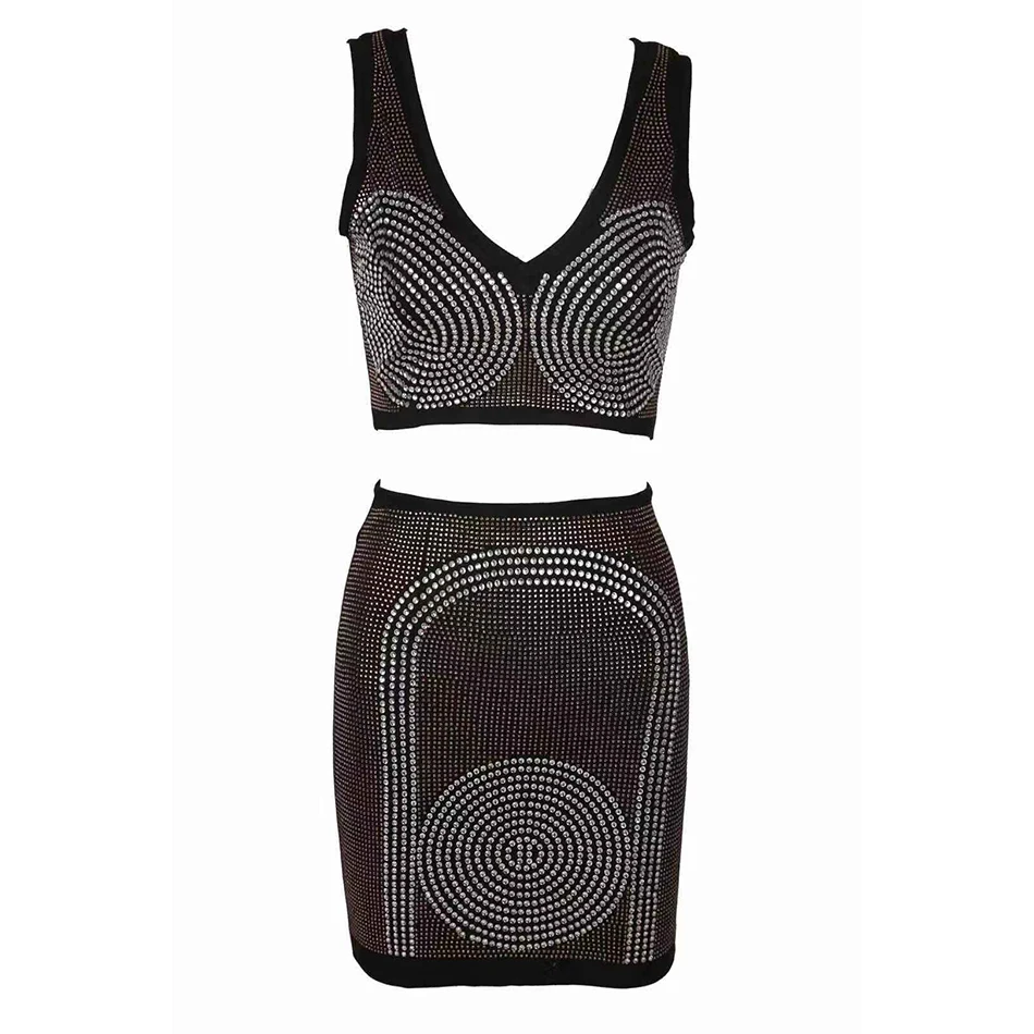 Черное платье с кристаллами алмаза 2 шт. сексуальное облегающее летнее