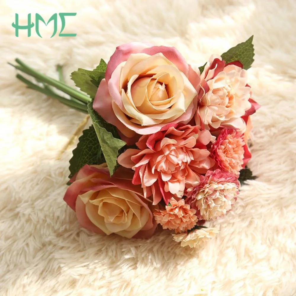 Разноцветный шелковый букет роз Георгин искусственные цветы Осенний яркие лист