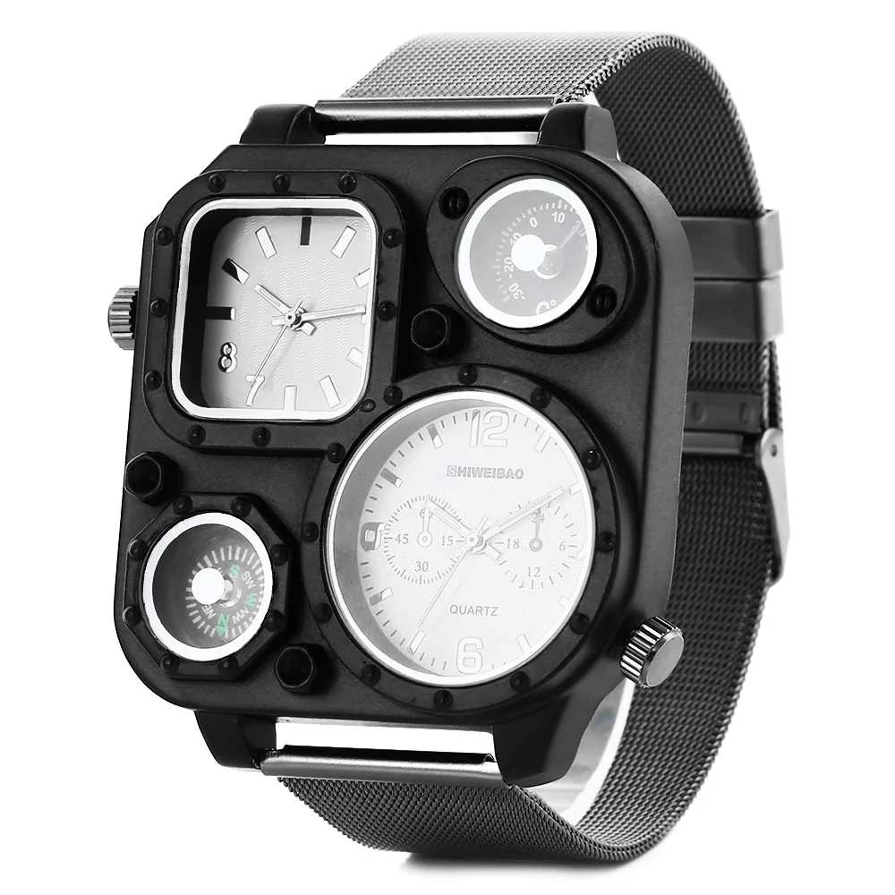 

Relogio Men's Brand Fashion Luxury Military Business Square Two Time Quartz Watch Classic Stainless Steel Strap Sports Clock