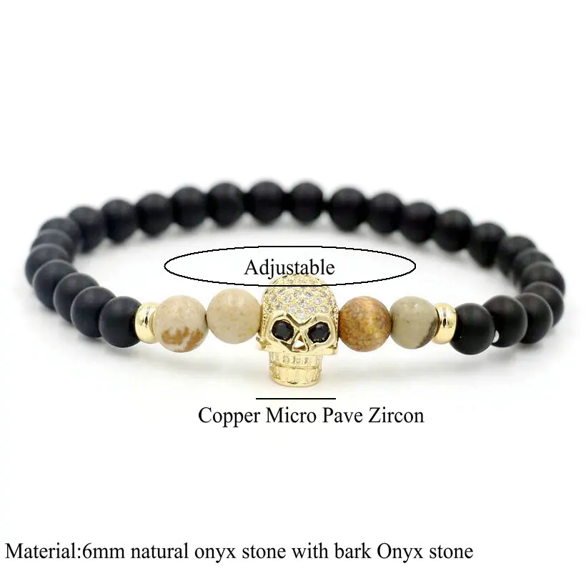 2pcs/set Mala Onyx Stone Strand Bracelet Men Copper Micro CZ Skull Head Energy Bracelets For Couples Women Lucky Buddha Jewelry | Украшения
