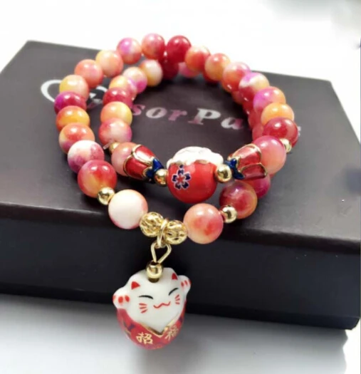 Lucky Cat натуральный камень браслет милый кот очарование Кристалл бисер браслеты для женщин Многослойные ювелирные изделия женские